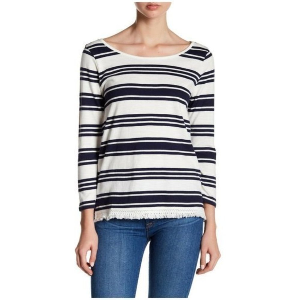 Joie Sayaka navy striped fringe top